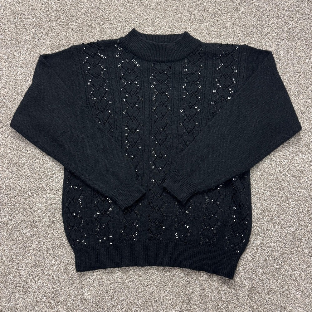 Vintage Alfred Dunner Sweater Womens Large Black Mock Neck Sequin Argyle Knit
